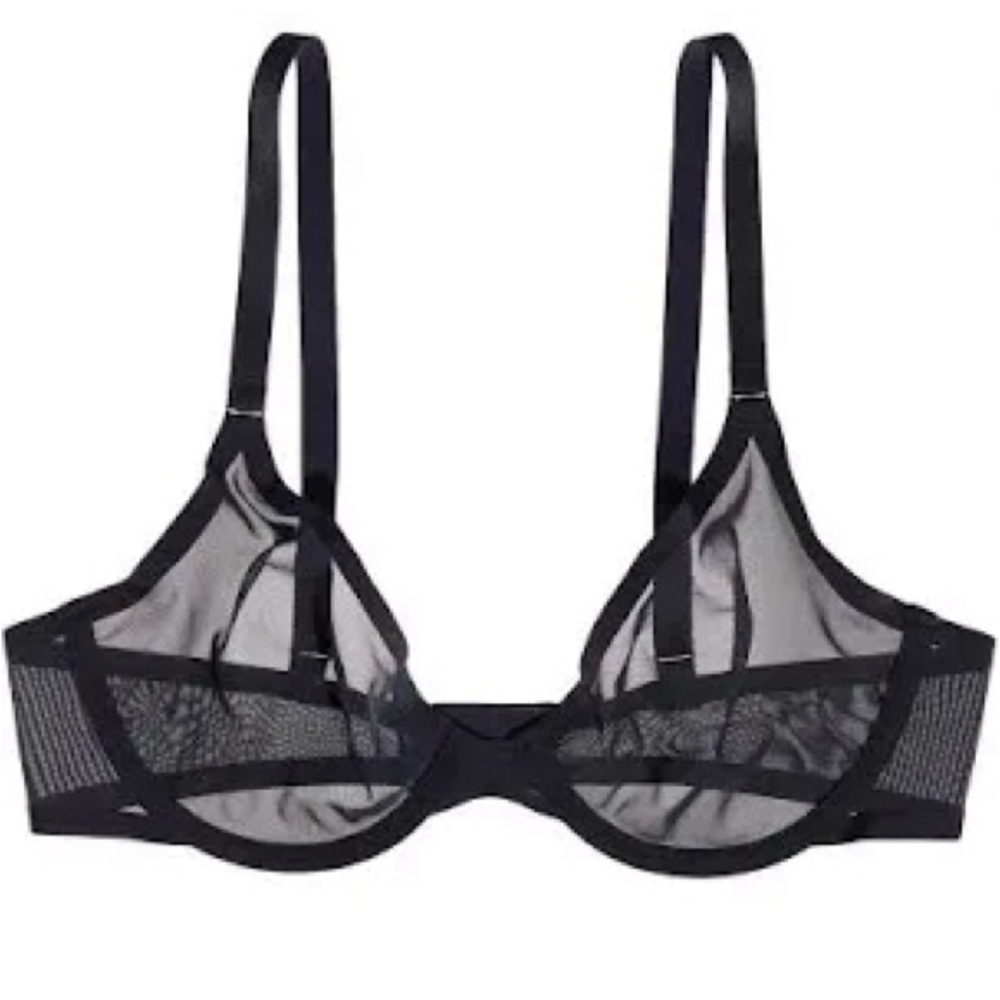 NEW CUUP The Plunge Sheer Bra Black Mesh Underwire Demi Bralette Gold Details